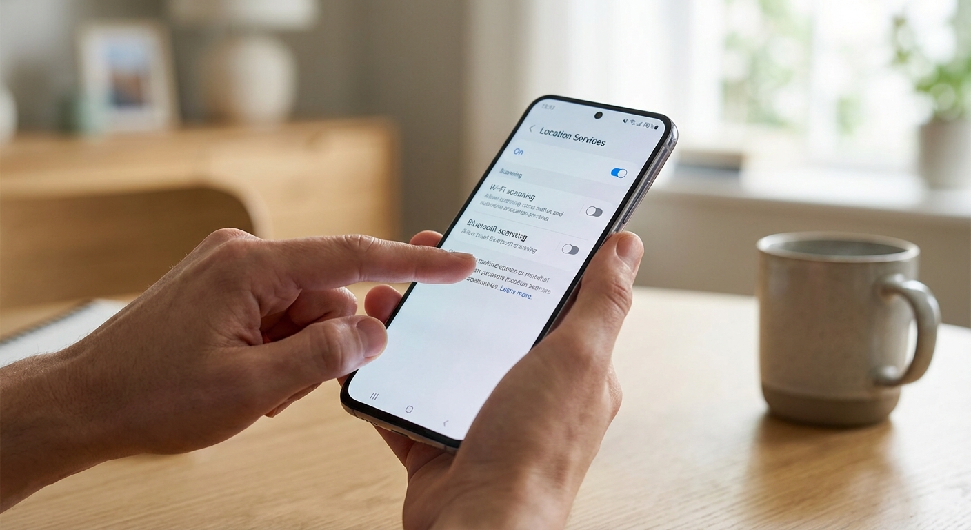 Close-up of a hand holding a smartphone displaying its control panel interface.