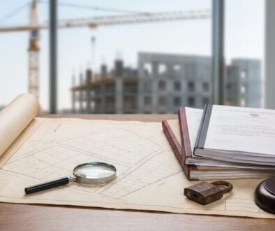 Architectural blueprints on a wooden desk with a magnifying glass, a padlock, and a gavel beside a stack of documents; construction site visible outside window.