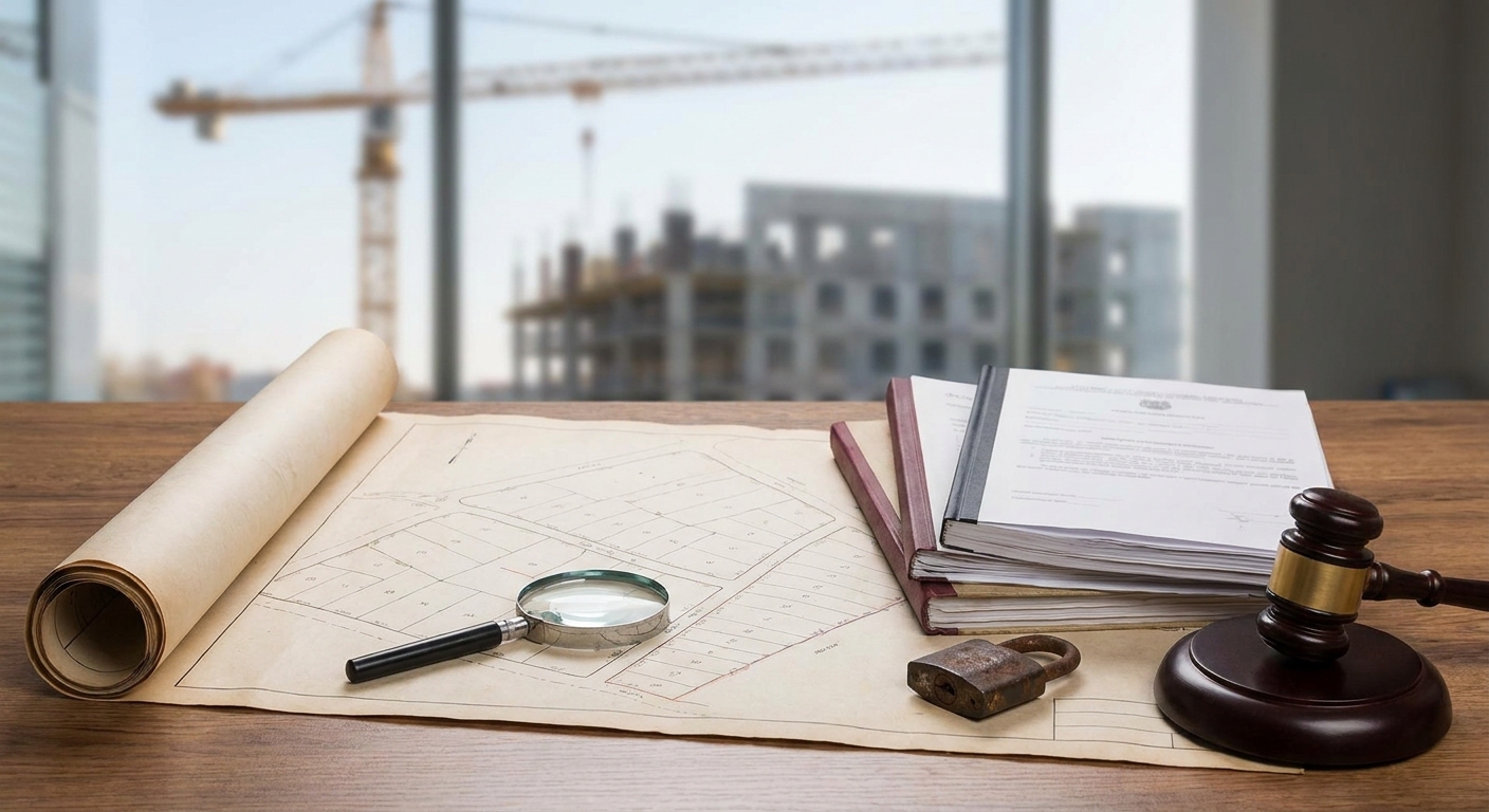 Architectural blueprints on a wooden desk with a magnifying glass, a padlock, and a gavel beside a stack of documents; construction site visible outside window.