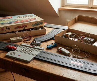 Vintage slot-car racing set on a wooden table: oval track, several small cars, wired controllers and two open boxes of parts by a window.