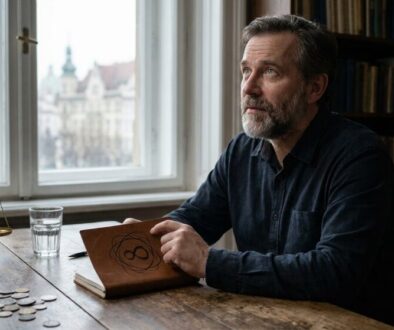 Bearded man in a dark shirt sits at a wooden table by a window, holding a brown notebook with an abstract loop, coins scattered on the desk, and a balance scale nearby in a library setting.