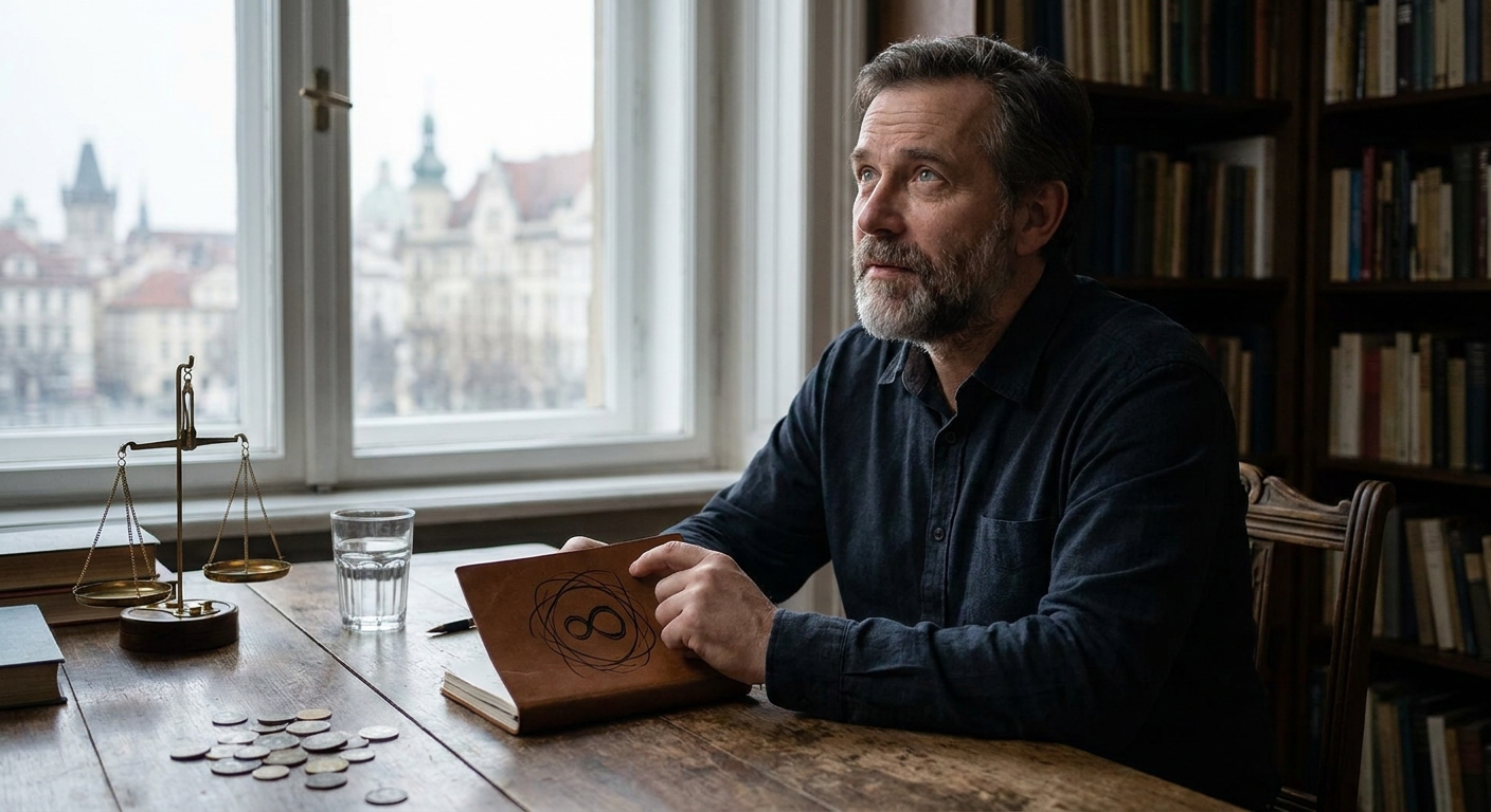 Bearded man in a dark shirt sits at a wooden table by a window, holding a brown notebook with an abstract loop, coins scattered on the desk, and a balance scale nearby in a library setting.