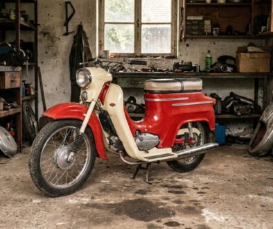 Vintage red-and-cream motorcycle parked in a dusty, cluttered workshop with tools on shelves nearby.