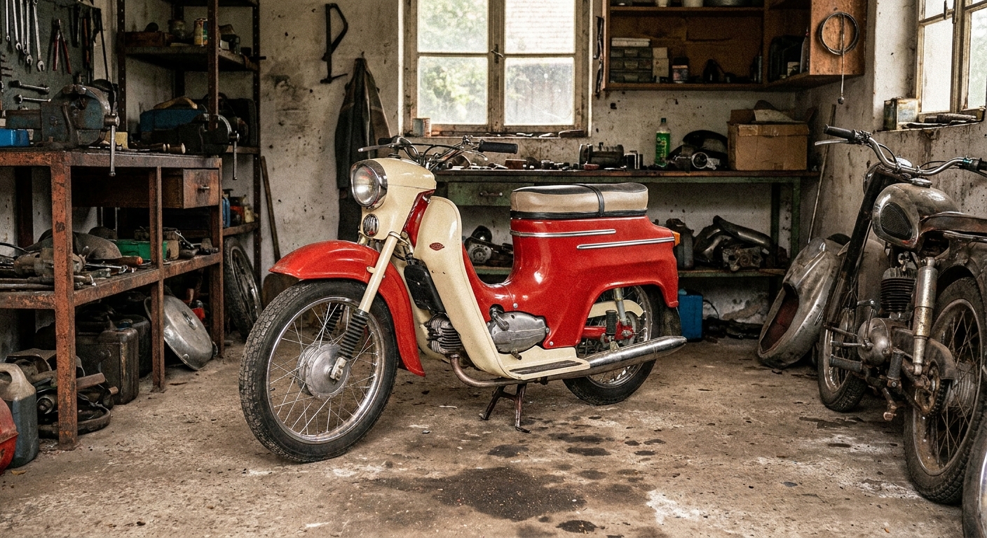 Vintage red-and-cream motorcycle parked in a dusty, cluttered workshop with tools on shelves nearby.