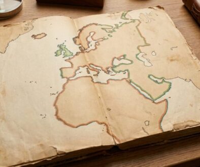 Open, aged map showing Europe, Africa, and adjacent regions in a weathered notebook on a wooden desk with a magnifying glass nearby.