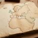 Open, aged map showing Europe, Africa, and adjacent regions in a weathered notebook on a wooden desk with a magnifying glass nearby.