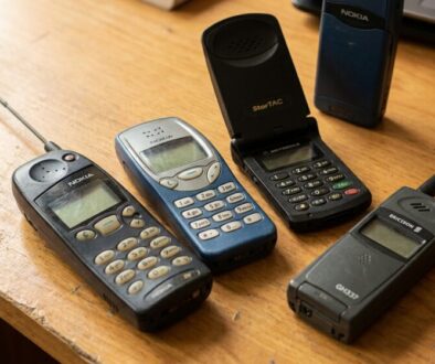 Five early mobile phones on a wooden table, including Nokia models and a Motorola flip phone.