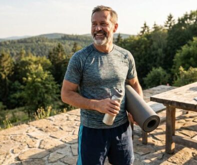 Smiling man in a athletic shirt holds a water bottle and rolled yoga mat on a stone patio with a forested hillside backdrop.