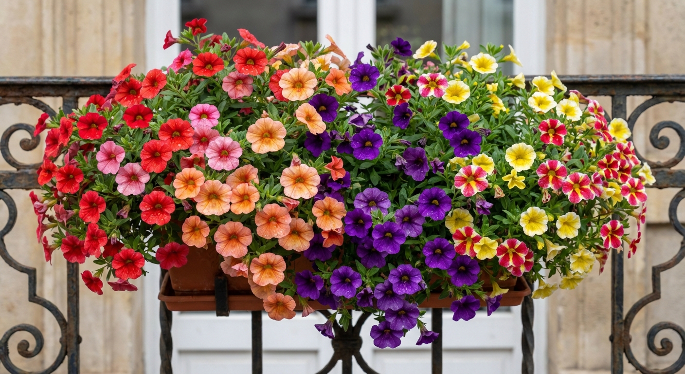 Close-up of colorful petunias with vibrant red, purple, and yellow petals in a garden.