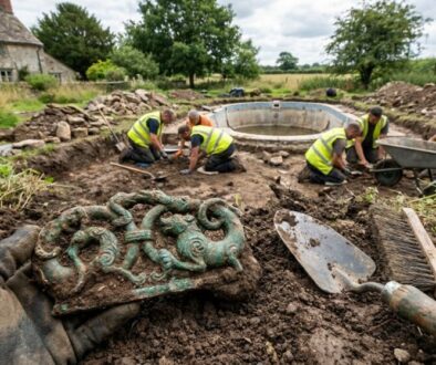 Construction workers in high-visibility vests excavate around a circular pool; a green decorative metal piece and tools lie in the dirt in the foreground.
