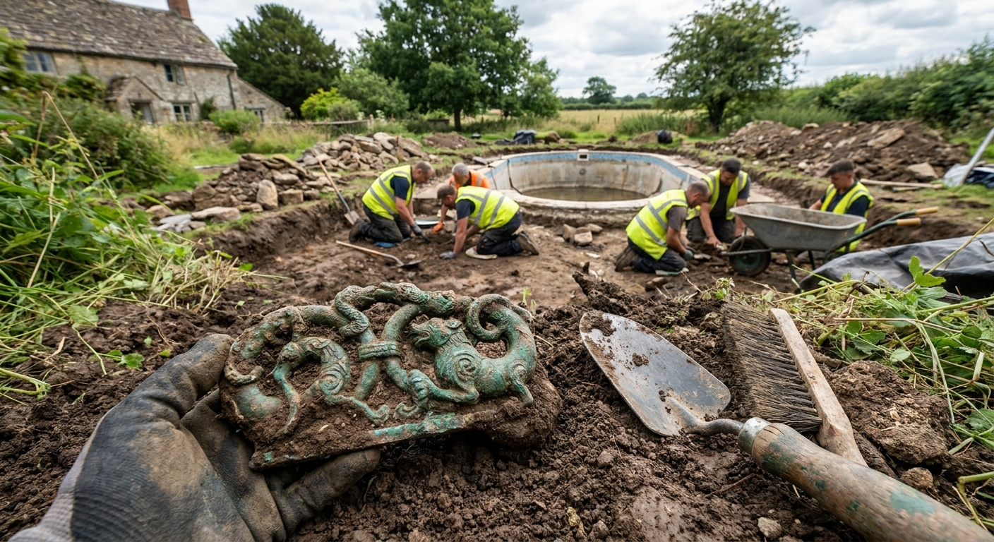 Construction workers in high-visibility vests excavate around a circular pool; a green decorative metal piece and tools lie in the dirt in the foreground.