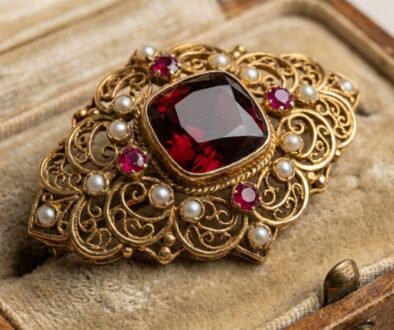 Intricately designed gold brooch with a large red gemstone surrounded by pearls, placed in a vintage box liner.