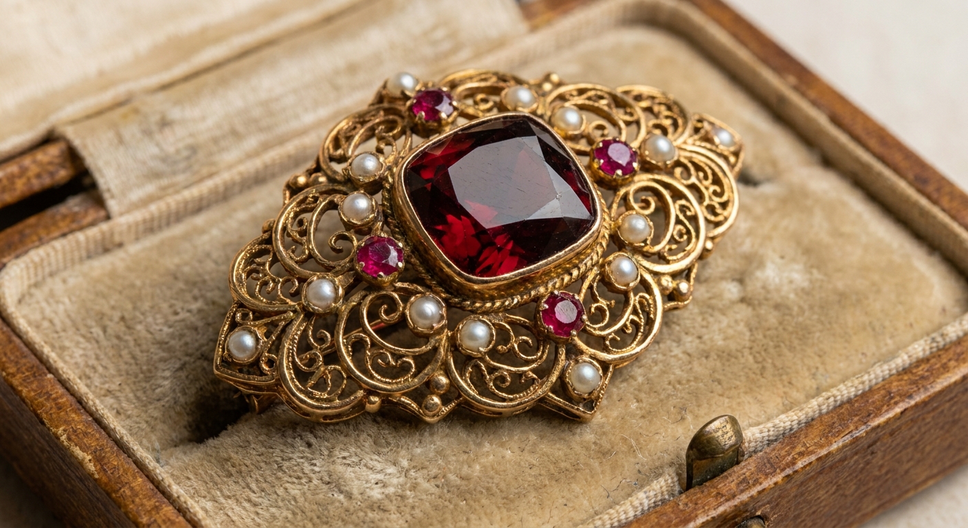 Intricately designed gold brooch with a large red gemstone surrounded by pearls, placed in a vintage box liner.