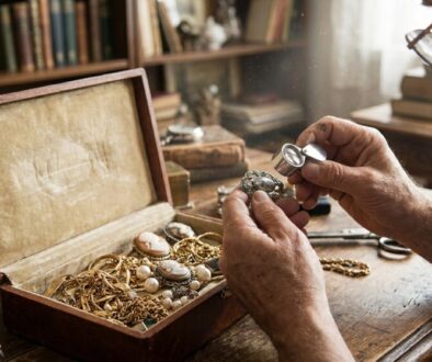 Man wearing glasses uses a jeweler's loupe to inspect a decorative brooch among gold jewelry in an open wooden box.