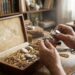 Man wearing glasses uses a jeweler's loupe to inspect a decorative brooch among gold jewelry in an open wooden box.