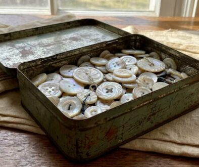 Rusty green metal tin filled with white buttons of various sizes on a wooden table, with beige fabric underneath.