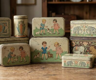 Stack of vintage tin lunch boxes with illustrated children and animals on a wooden table.