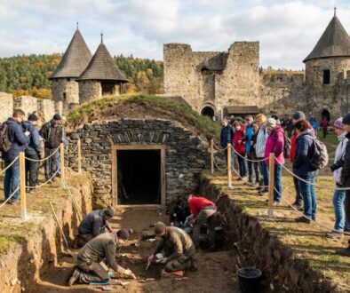 Tour group watches archaeologists excavate a shallow trench inside an ancient stone fortress.