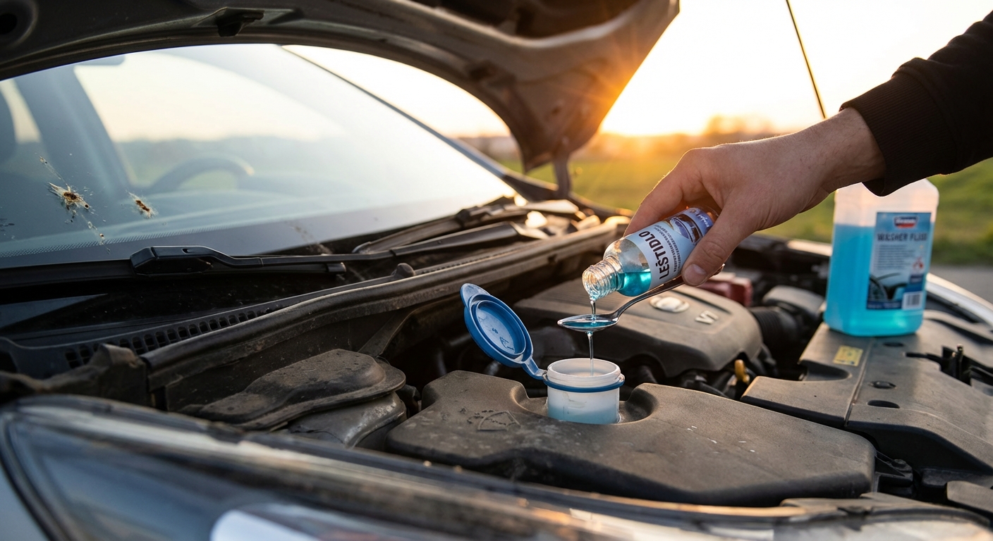 Nalila do ostřikovačů tuhle věc z drogerie. Okno se teď neleskne a hmyz na něm vůbec nedrží