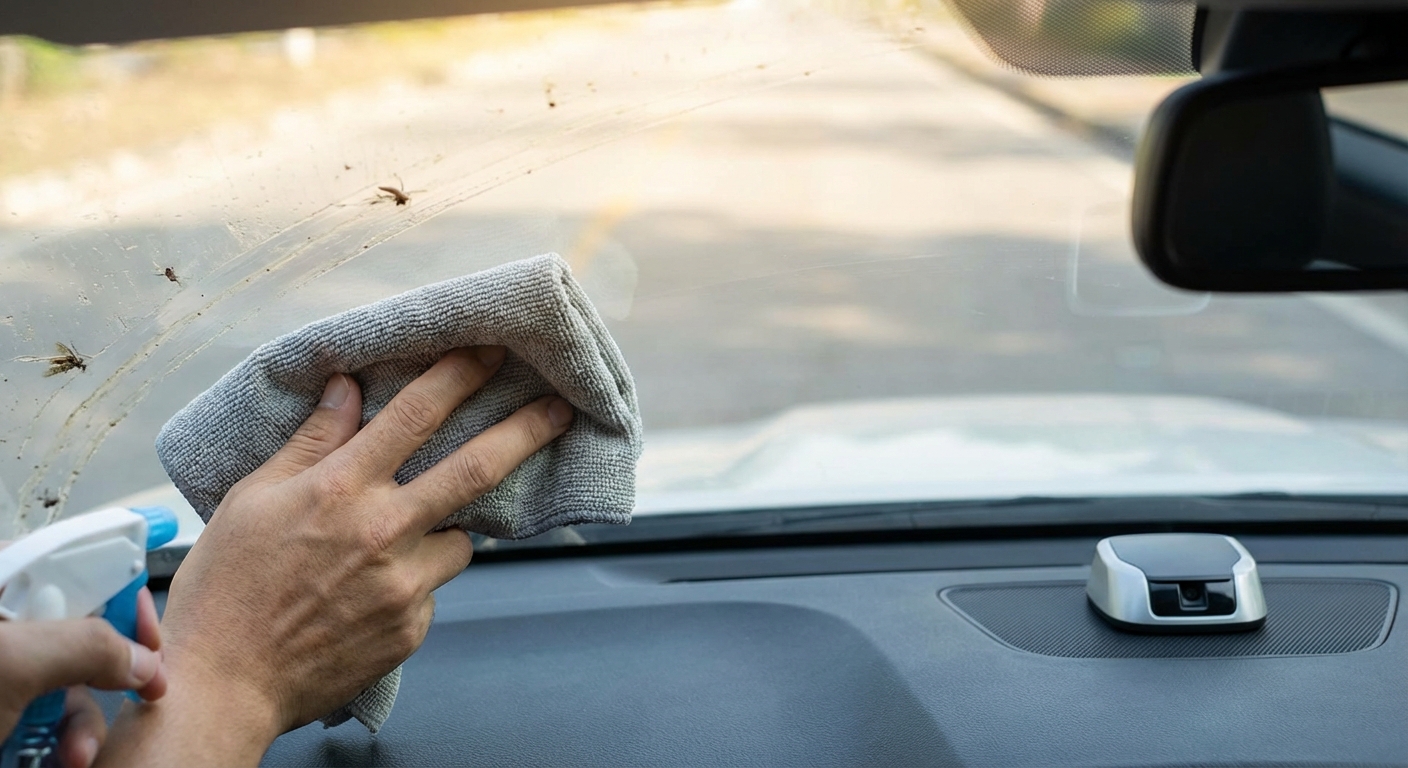 Nalila do ostřikovačů tuhle věc z drogerie. Okno se teď neleskne a hmyz na něm vůbec nedrží
