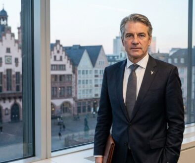 Middle-aged businessman in a dark suit and tie stands by a window in a modern office, holding a brown portfolio; city square outside.