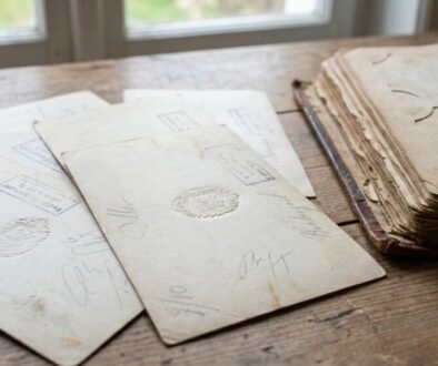 Old handwritten letters and envelopes with wax seal and stamps scattered on a wooden table, next to a stack of aged papers.