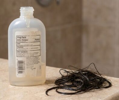 Clear bottle of Active Shampoo on a beige bathroom counter, with a tangle of black hair beside it.
