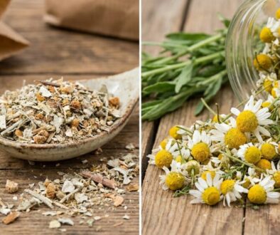 Split image: left shows a ceramic spoonful of dried chamomile herbal blend on a rustic wooden surface; right shows a jar tipped over, spilling chamomile flowers with white petals and yellow centers onto the wood.