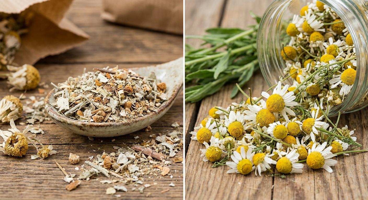 Split image: left shows a ceramic spoonful of dried chamomile herbal blend on a rustic wooden surface; right shows a jar tipped over, spilling chamomile flowers with white petals and yellow centers onto the wood.