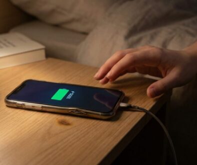 Hand reaches toward a smartphone charging on a wooden bedside table next to a lit lamp and a book in the background.