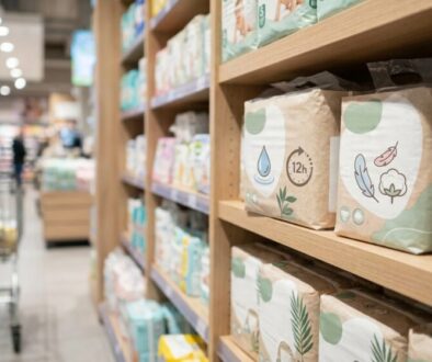Aisle in a supermarket with wooden shelves displaying large beige packaging featuring green icons; blurred shoppers in the background.