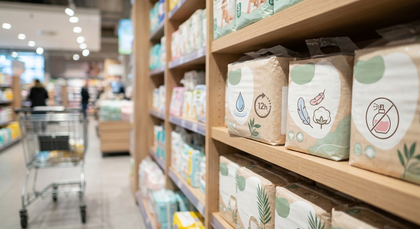 Aisle in a supermarket with wooden shelves displaying large beige packaging featuring green icons; blurred shoppers in the background.