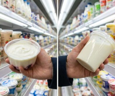 In a grocery store dairy aisle, a person holds two yogurt containers—left with a fruit-topped cup, right with a plain large jar—split image.