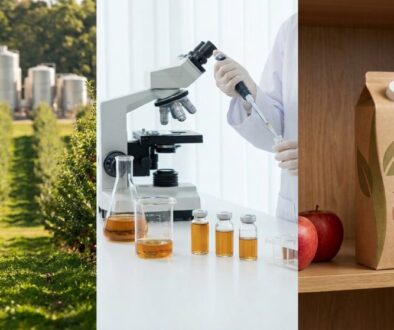 Three-panel collage: apple orchard with processing tanks, a lab with a microscope and samples, and a carton of apple juice with apples nearby.