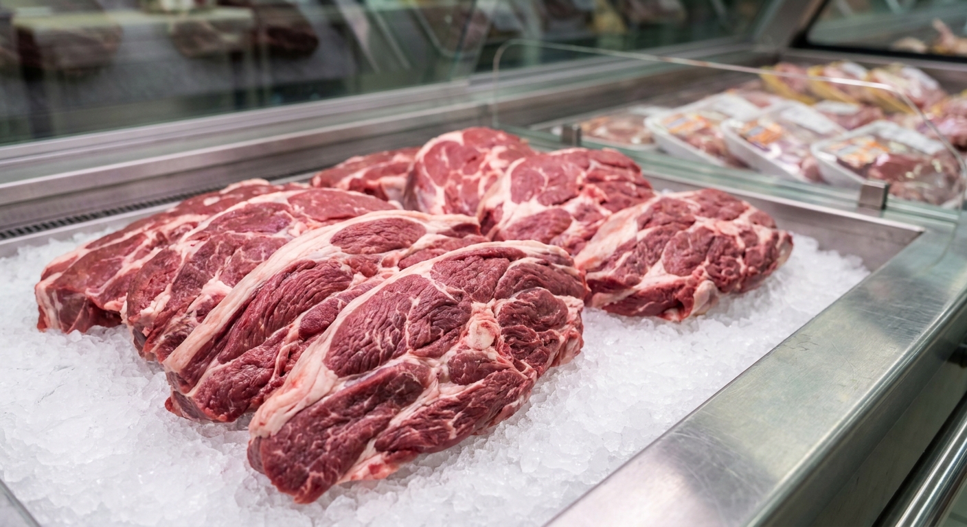 Several raw beef ribeye steaks on crushed ice in a glass display case.