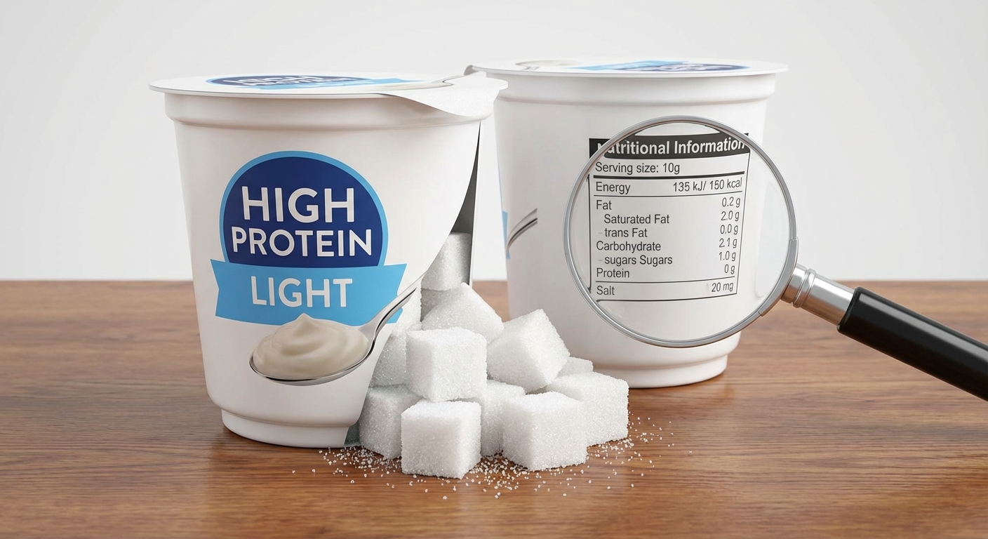 A stylish flat lay of yogurt and granola bar on a desk, perfect for a quick healthy snack.