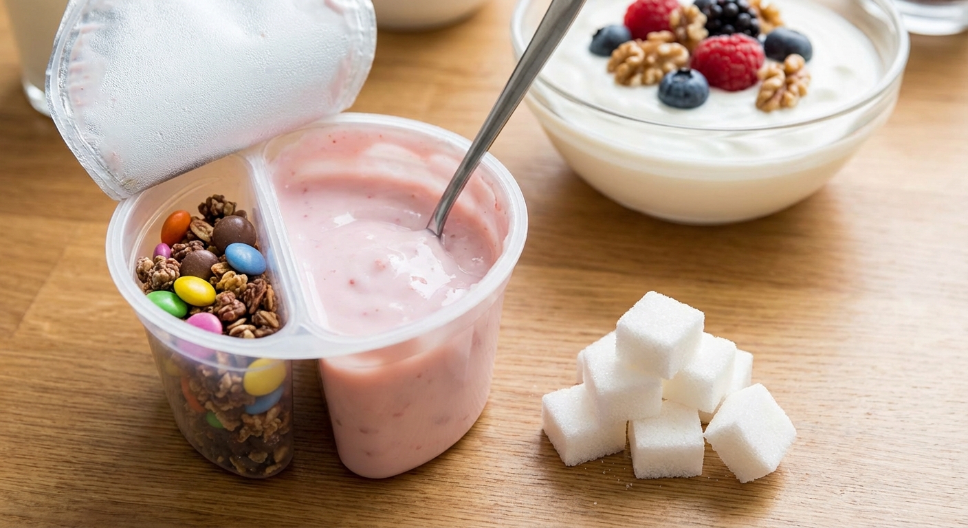 A tub of Lancewood coconut yogurt with spoon on dark table.