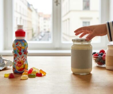 Child-friendly snack setup on a kitchen table: a colorful juice bottle, spilled gummy candies, a jar with a hand reaching to open it, plus berries and an apple nearby.