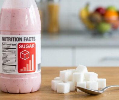 Pink smoothie bottle with a red 'SUGAR' label and nutrition facts, beside sugar cubes and a spoon.