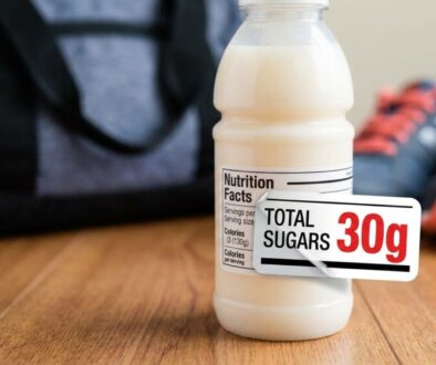 Milk bottle on a wooden table with a nutrition facts label and a tag reading Total Sugars 30g.