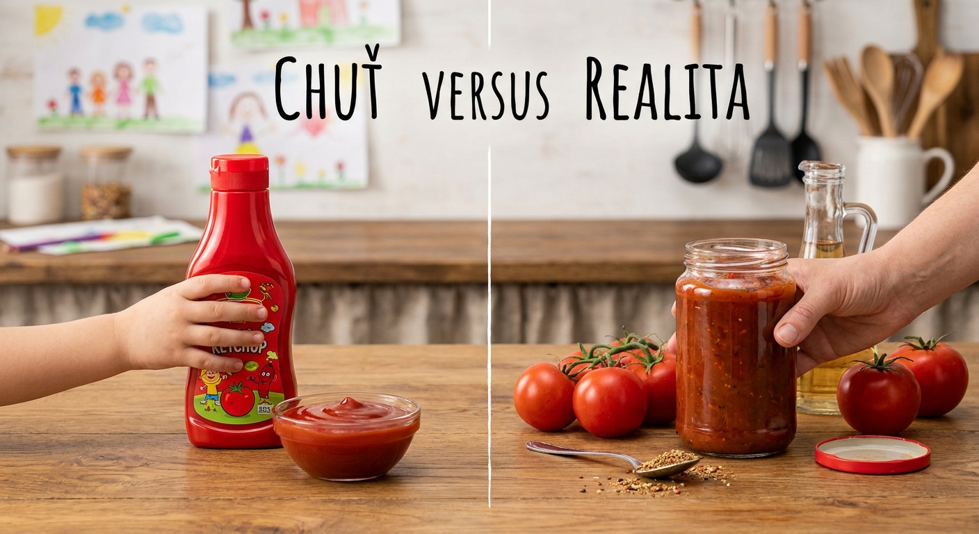 Nejhorší kečup pro děti. Reklama slibuje spoustu rajčat, ale uvnitř je hlavně cukr a jablečné pyré