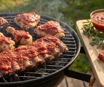 Juicy ribs and chicken pieces cooking on a round charcoal grill, brushed with BBQ sauce, steam rising.
