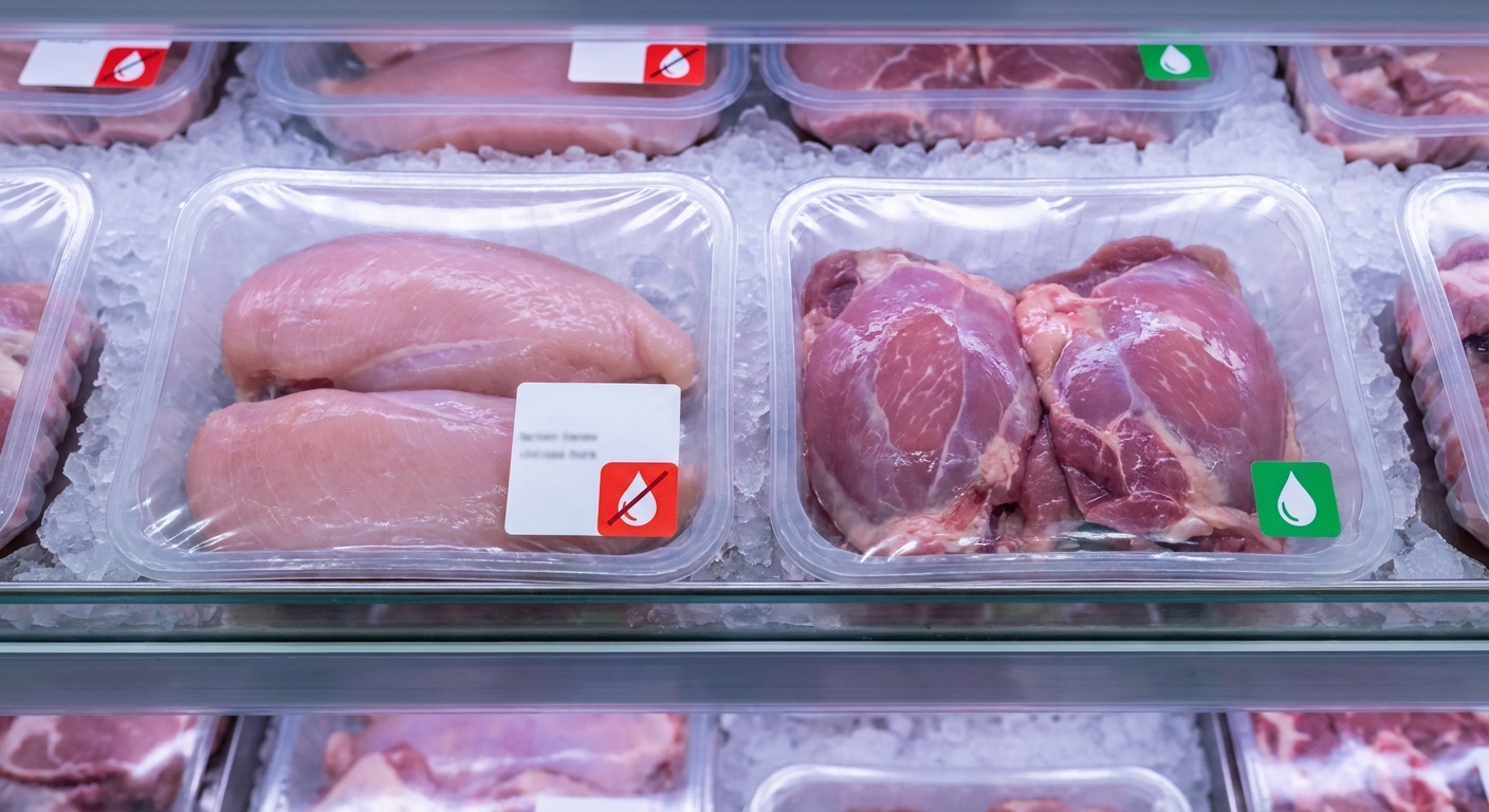 Tray of raw chicken breasts in a clear plastic package on a bed of ice in a supermarket display, with a small white label featuring a red droplet icon on the package.