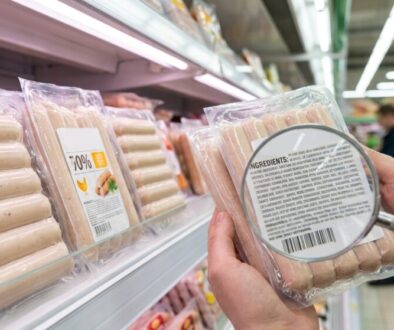 Shopper in a supermarket holds a package of sausages and uses a magnifying glass to read the ingredients label on the package.