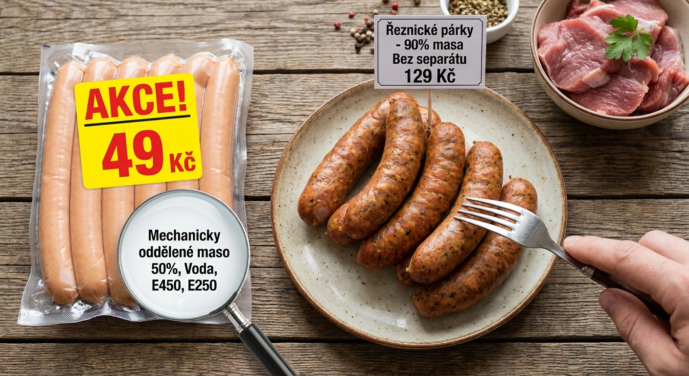 Nejhorší kuřecí párky ze supermarketu. Tváří se dietně, ale masa je v nich méně než v levném krmivu