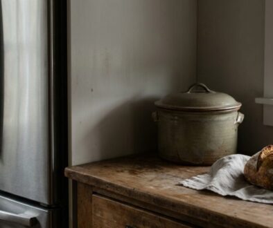 Rustic kitchen scene: a green ceramic pot on a wooden counter with a loaf of bread on a cloth by a window beside a stainless fridge.