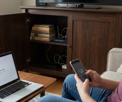 Woman on a couch holds a phone with a loading spinner while a laptop on the table shows a 'connection lost' message, in a living room with a cabinet and router cables.