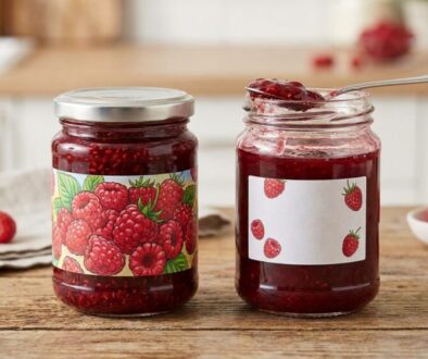 Two glass jars of raspberry jam on a wooden table, one with a colorful raspberry-label and the other with a plain label and a spoonful of jam on top, nearby raspberries.