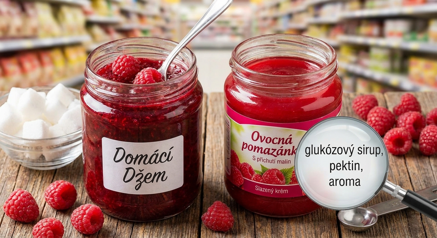 Nejhorší malinový džem v akci. Na první pohled vypadá skvěle, ale ovoce v něm najdete jen v popisku