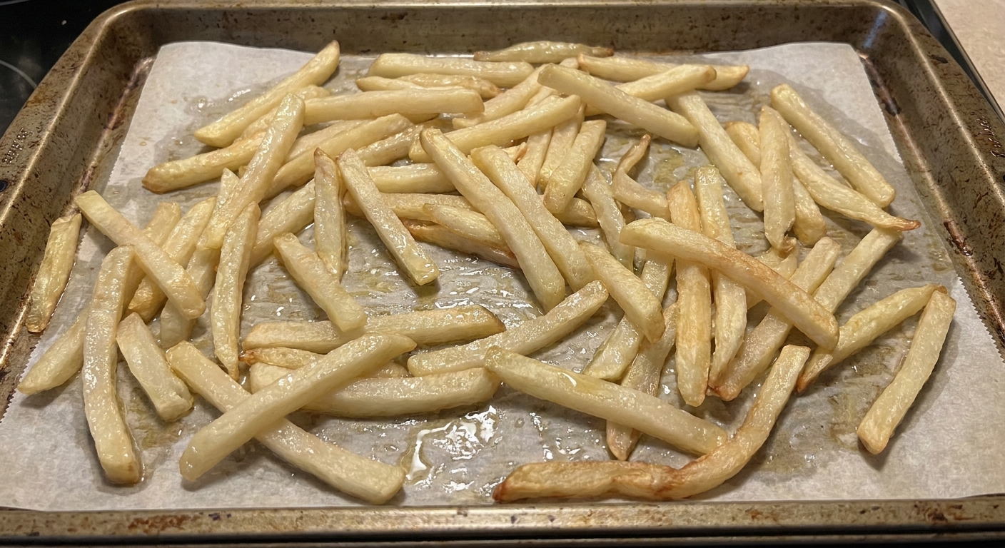 Tray of light golden baked French fries on parchment paper